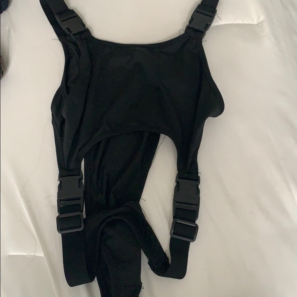 Black Cut-Out Buckle Tape Skinny Bodysuit